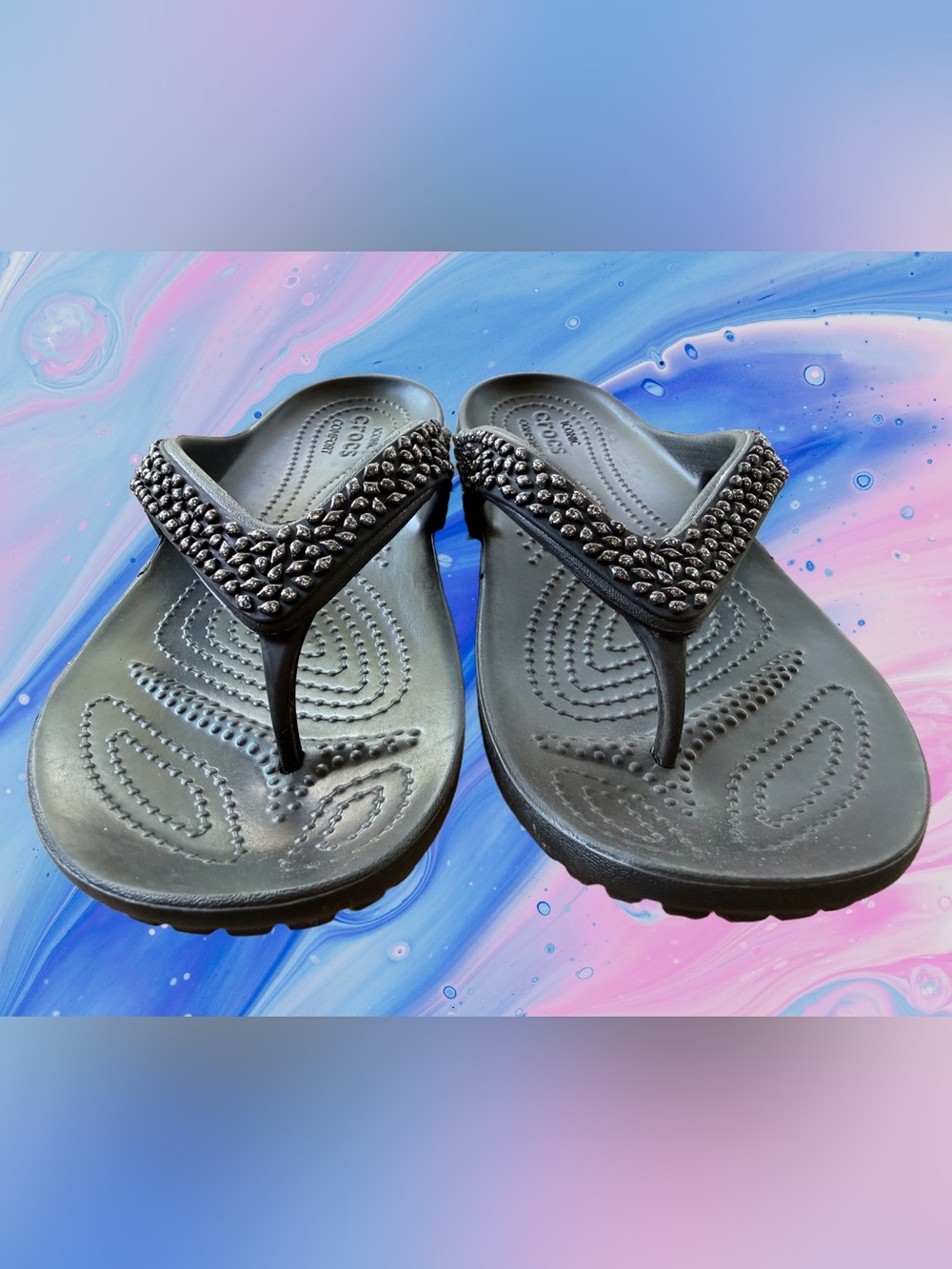 CROCS Black Beaded Wedge Flip Sandals